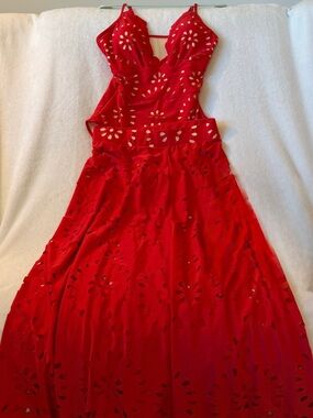 Red Laser-Cut Two-Piece Swim Dress Set - Large